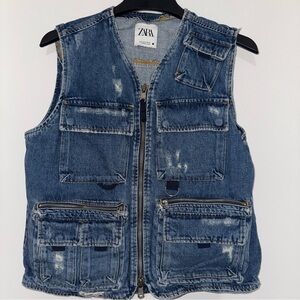 Zara Distressed Denim Utility Cargo Jean Women’s Vest Size Small